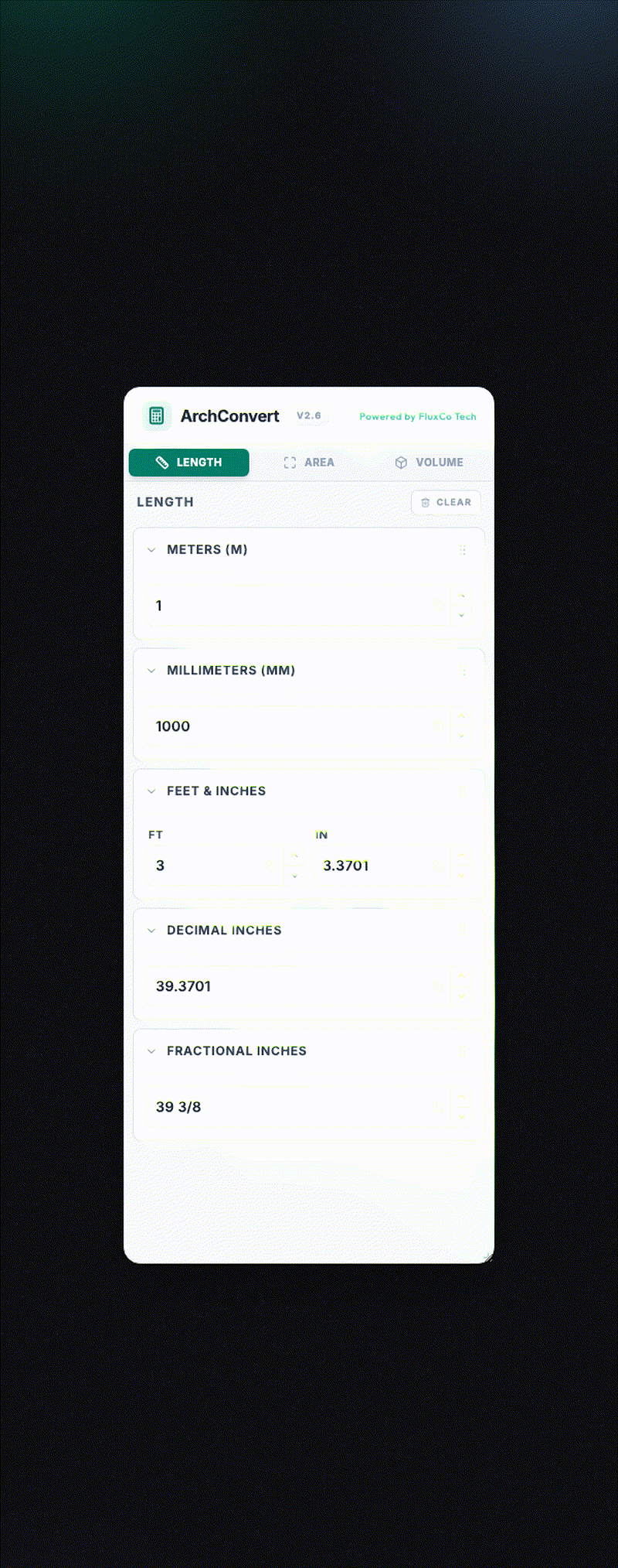 ArchConvert calculator demo showing unit conversions